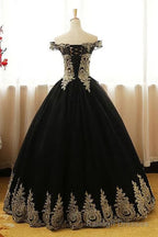 Black Appliques Long Black Prom Dresses