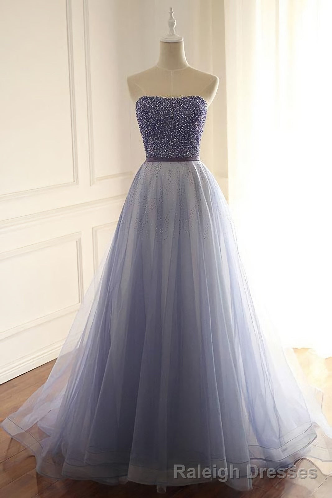 Stylish A Line Strapless Tulle Long With Beading Prom Dresses