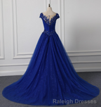 Long Neck Appliqued Wedding Dress Royal Blue Wedding Prom Dresses
