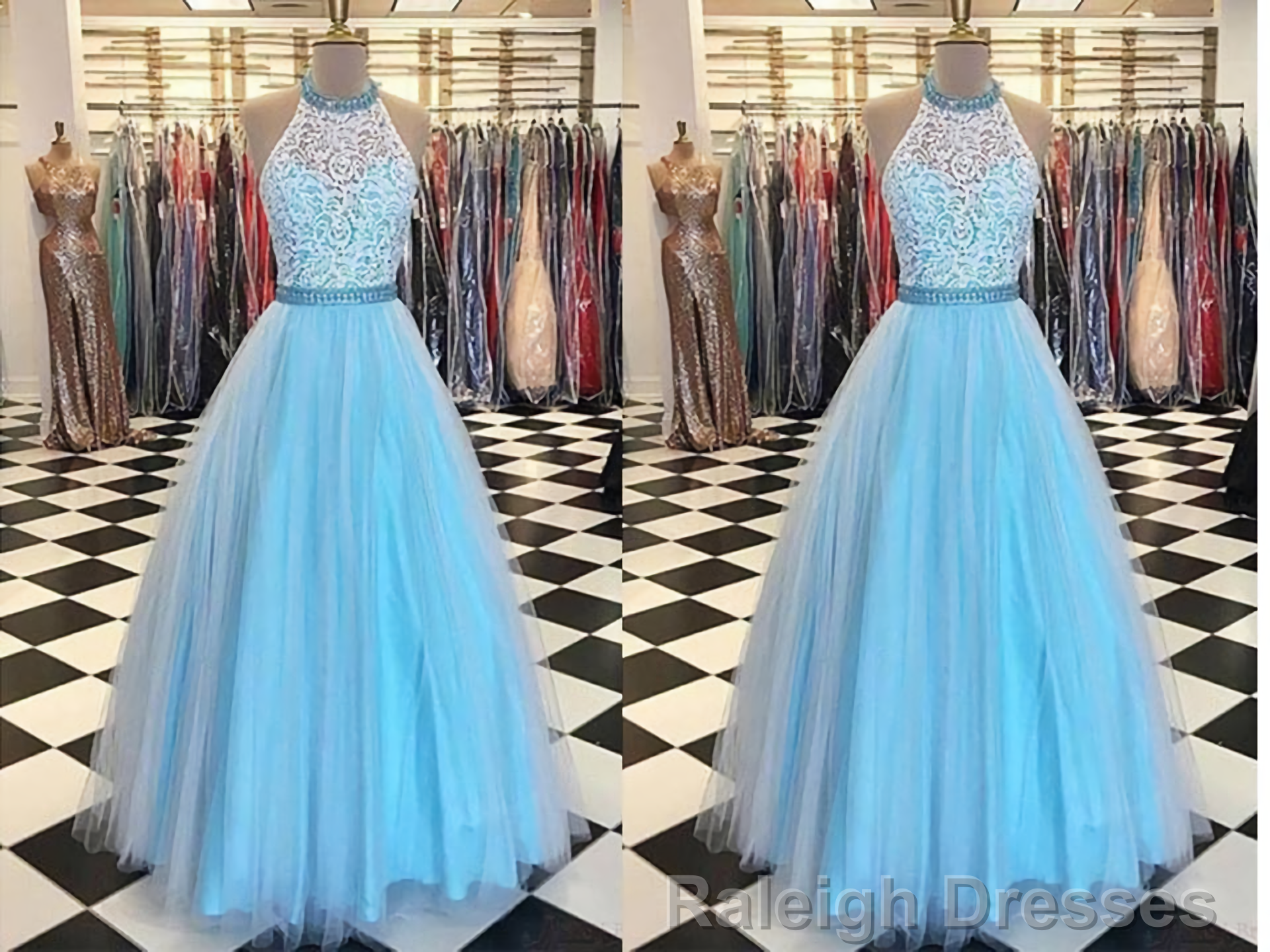 Prety Halter Long Lace Tulle Beding Light Blue For Teens Elegant Prom Dresses Secondary image