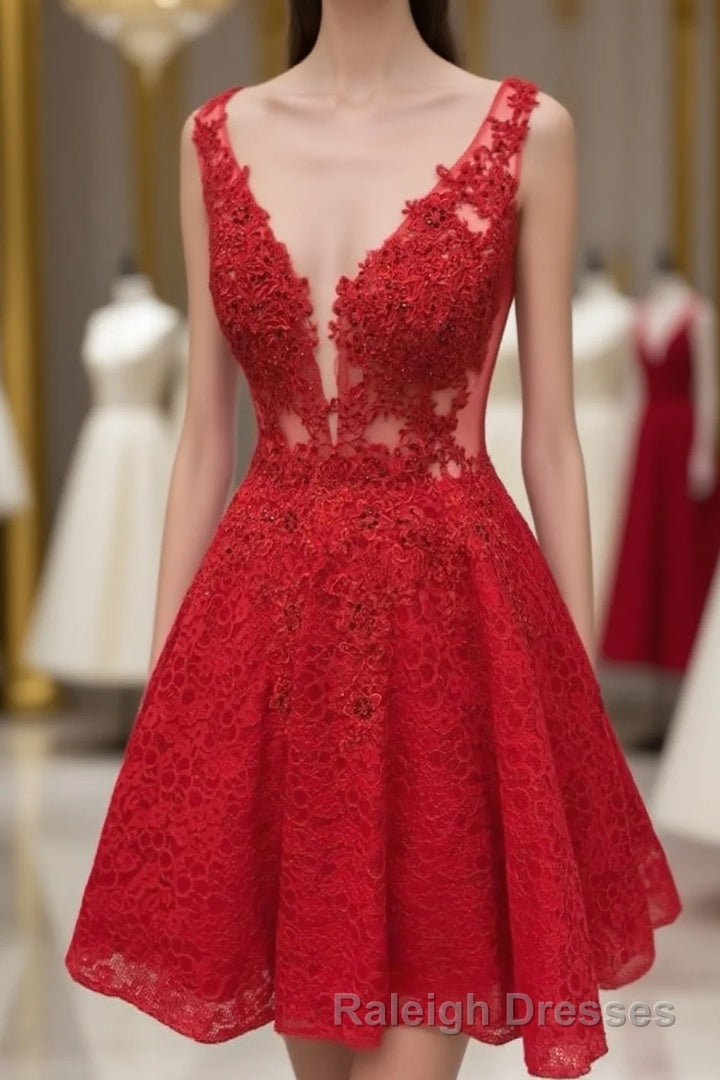 Cute Red Lace Appliques Short V Neck Sleeveless Mini Dc14 Prom Dresses
