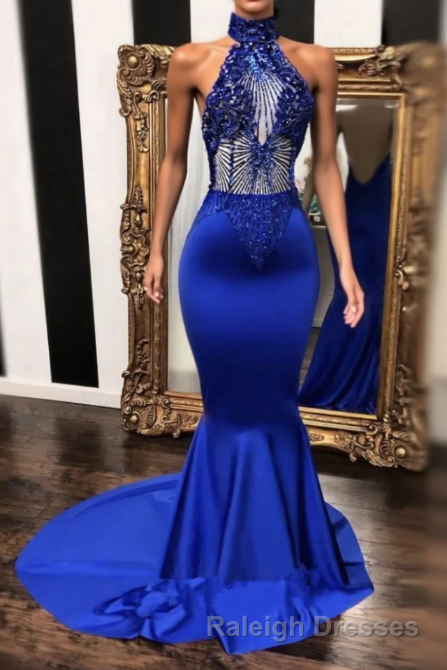 High neck halter beaded royal blue satin . Sleeveless. Illusion beading bodice. Mermaid long with sweep train Prom Dresses Main image