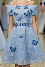 Sky Blue Off Shoulder Lace Short Lace With Butterfly Appliques A Line Off The Shoulder Dc51 Prom Dresses