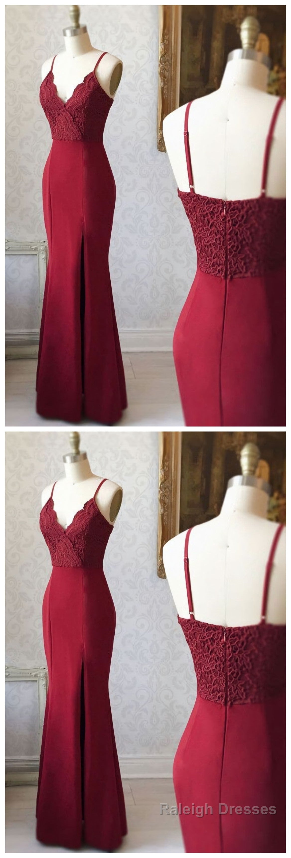 BURGUNDY V NECK LACE MERMAID LONG BURGUNDY Prom Dresses