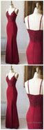 BURGUNDY V NECK LACE MERMAID LONG BURGUNDY Prom Dresses