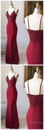BURGUNDY V NECK LACE MERMAID LONG BURGUNDY Evening Dresses