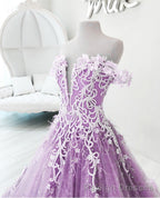 Off The Shoulder Lilac Appliques Floor Length Prom Dresses
