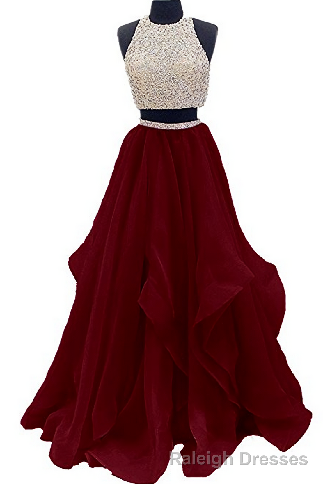 Two Piece Floor Length Burgundy Beaded Prom Dresses Main image