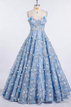 Princess Spaghetti Strap 3D Flower Applique Sky Blue Prom Dresses