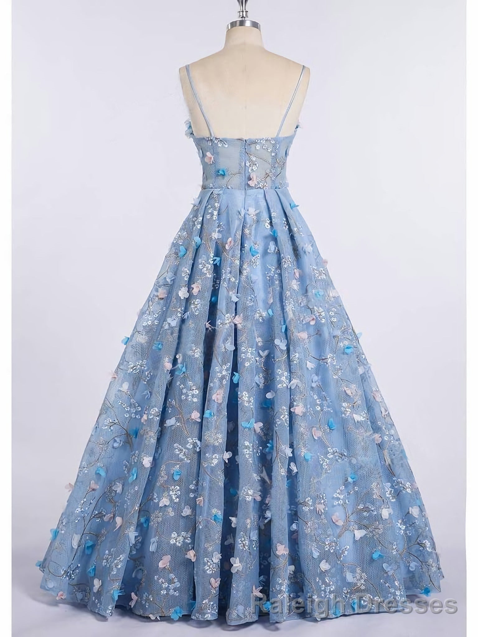 Princess Spaghetti Strap 3D Flower Applique Sky Blue Prom Dresses