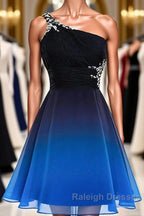 A Line Ombre Blue And Black One Shoulder Short Dc289 Prom Dresses