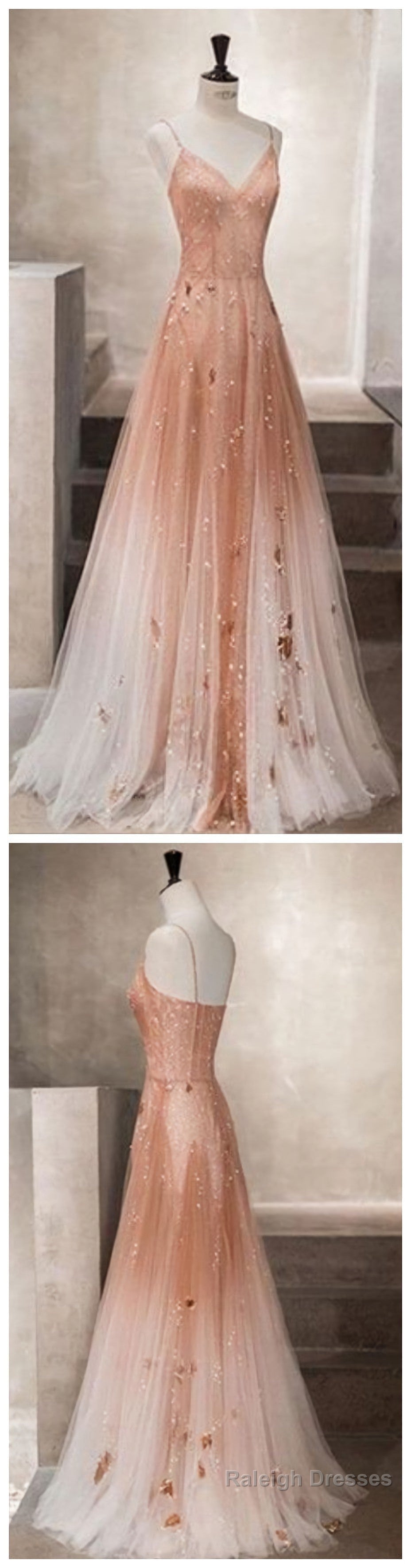 Unique champagne tulle long tulle Prom Dresses Secondary image