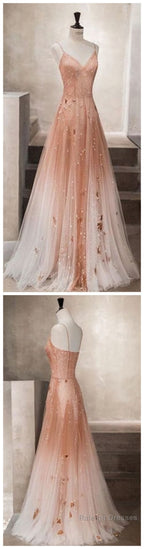 Unique champagne tulle long tulle Prom Dresses