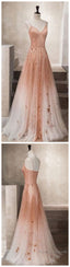 Unique champagne tulle long tulle Prom Dresses