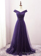 Long Purple A-line Off the Shoulder Tulle Prom Dresses