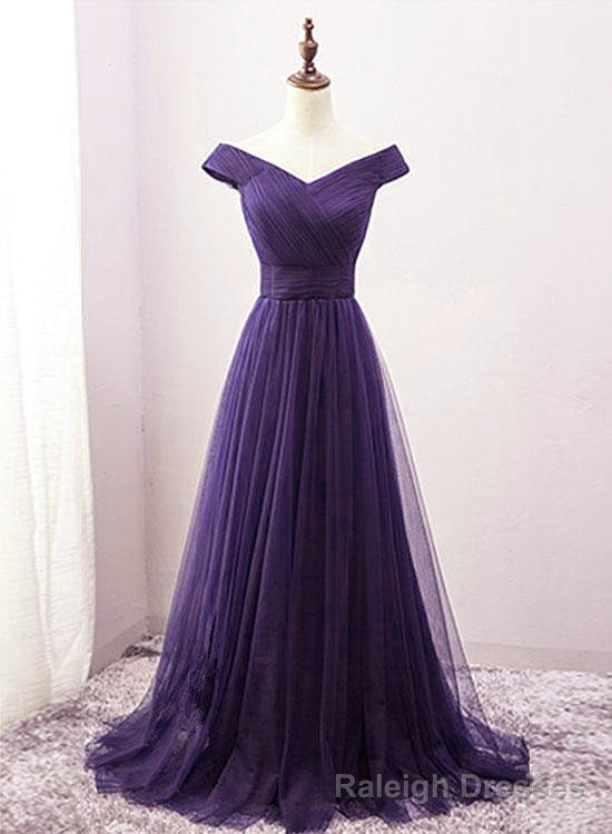 Long Purple A-line Off the Shoulder Tulle Prom Dresses