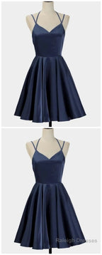 Spark Queen Simple Short Blue Sleeveless V Neck Mini Evening Dress, Women Dress, Satin Ruffles Spaghetti Straps Homecoming Dress