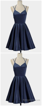 Spark Queen Simple Short Blue Sleeveless V Neck Mini Prom Dress, Women Dress, Satin Ruffles Spaghetti Straps Homecoming Dress