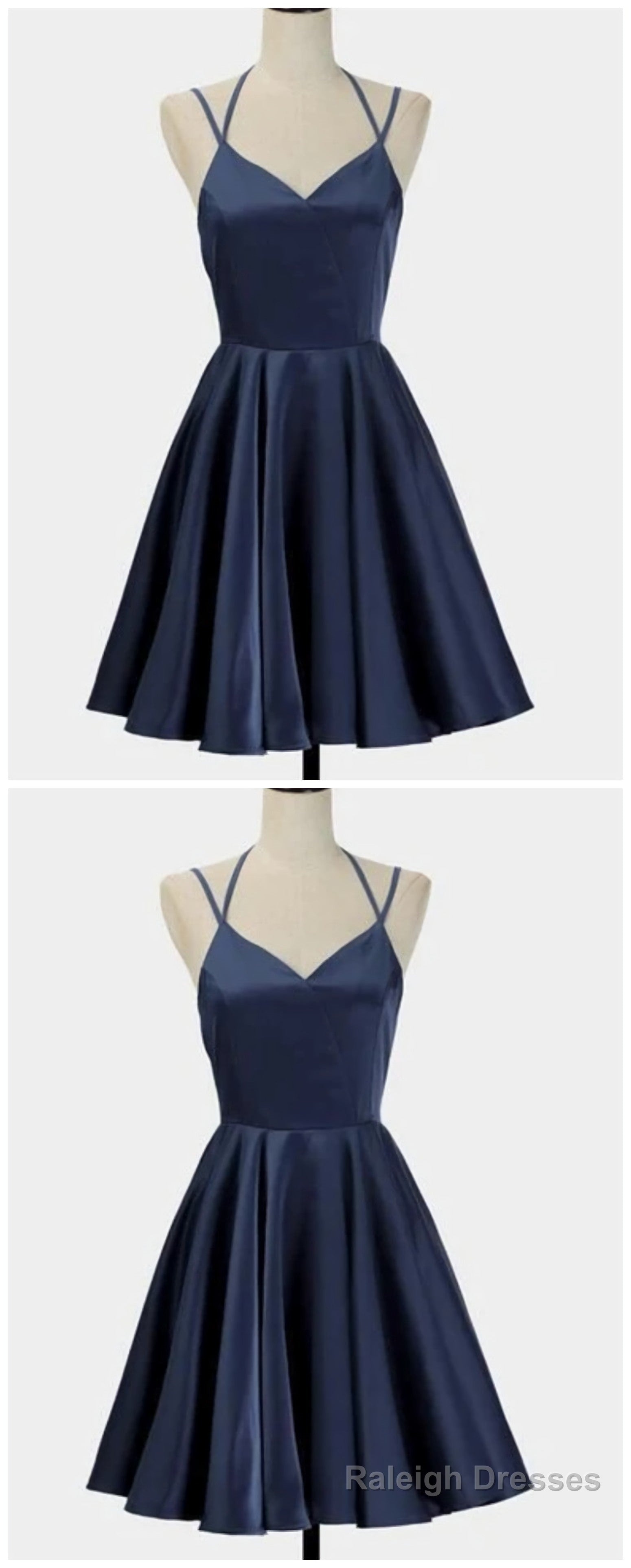Spark Queen Simple Short Blue Sleeveless V Neck Mini Prom Dress, Women Dress, Satin Ruffles Spaghetti Straps Homecoming Dress