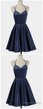 Spark Queen Simple Short Blue Sleeveless V Neck Mini Prom Dress, Women Dress, Satin Ruffles Spaghetti Straps Homecoming Dress