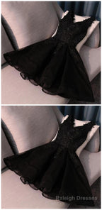 Ruby Outfit black mini sleeveless women v-neck tulle fashion applique beaded Homecoming Dresses