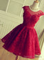 A Line Crew Cap Sleeves Red Lace Homecoming Dress With Appliques