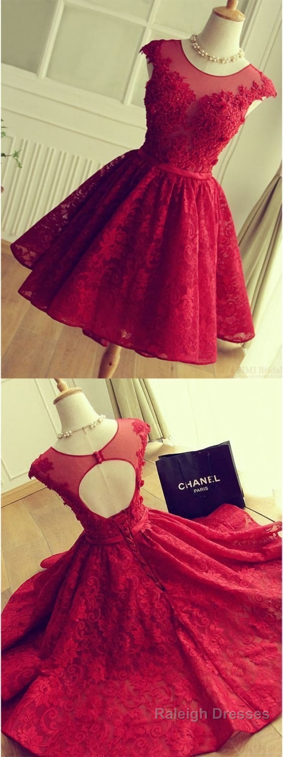 A Line Crew Cap Sleeves Red Lace Homecoming Dress With Appliques Main image