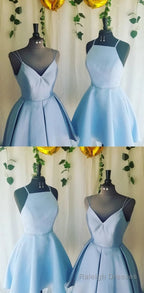 A Line V Neck Light Sky Blue Short Homecoming Dress With Pleats