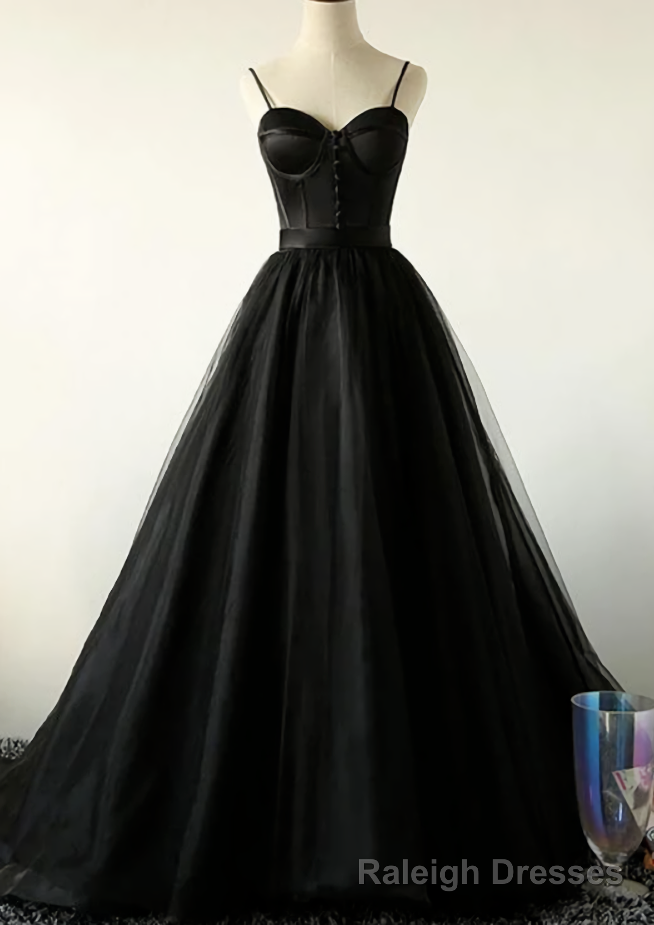 Ball Gown Spaghetti Straps Black Tulle Prom Dress, Long Brush Sweep Train Prom Dress Main image