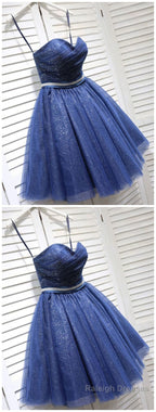 Sparkly A-Line Sweetheart Open Back Navy Sequins Short Short Homecoming Dresses