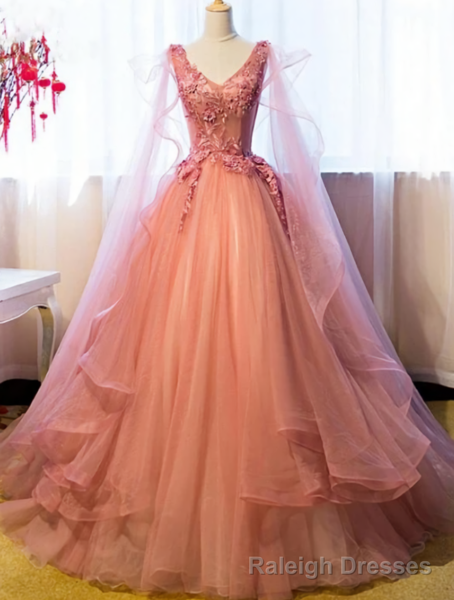 A-line Tulle with Lace Applique Off Shoulder Long Party Dress, Sweet 16 Formal Dress main image 0