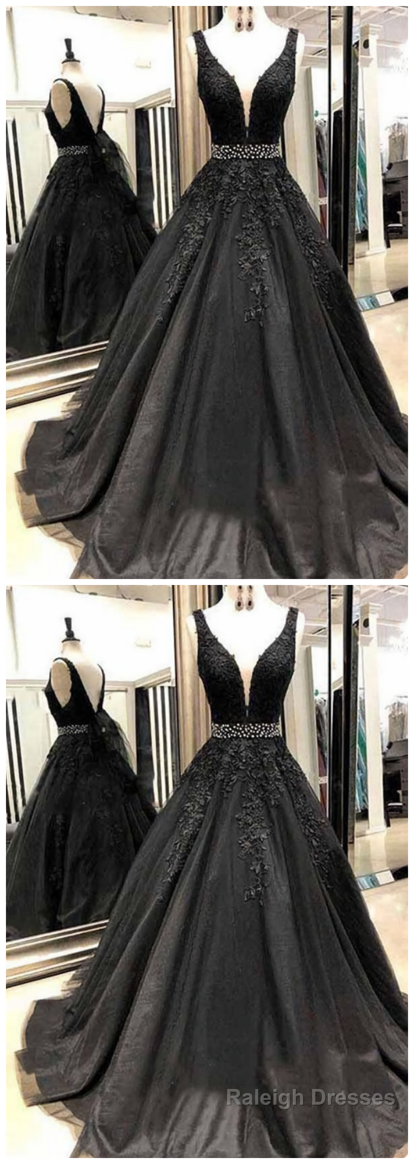 Black Appliques Prom Dress With Beaded Waist A Line Tulle Long Graduation Dresses Secondary image