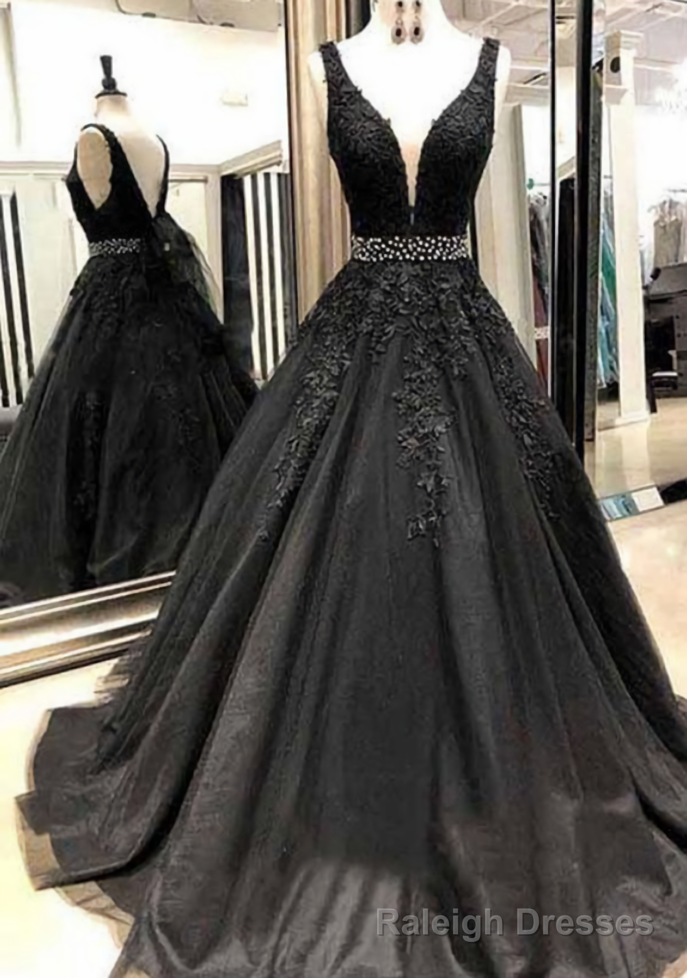 Black Appliques Prom Dress With Beaded Waist A Line Tulle Long Graduation Dresses Main image