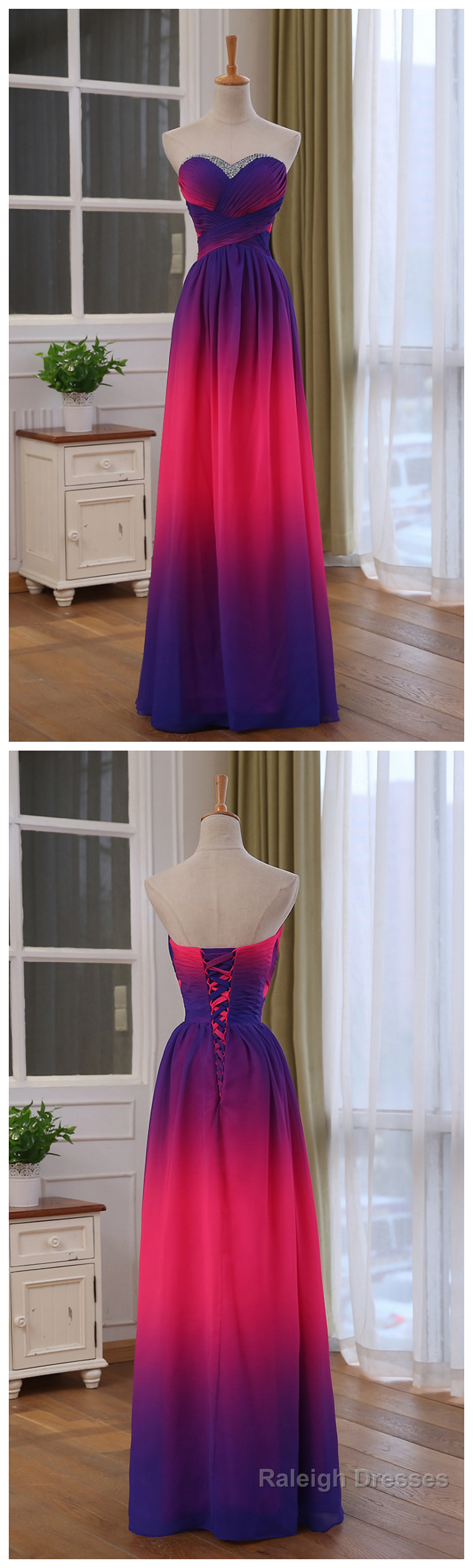 Unique Gradient Chiffon Beaded Long A-line Floor Length Prom Dresses Main image