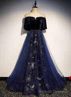 Blue Tulle With Velvet Long Party Dress, A Line Off Shoulder Formal Dress, Prom Dress