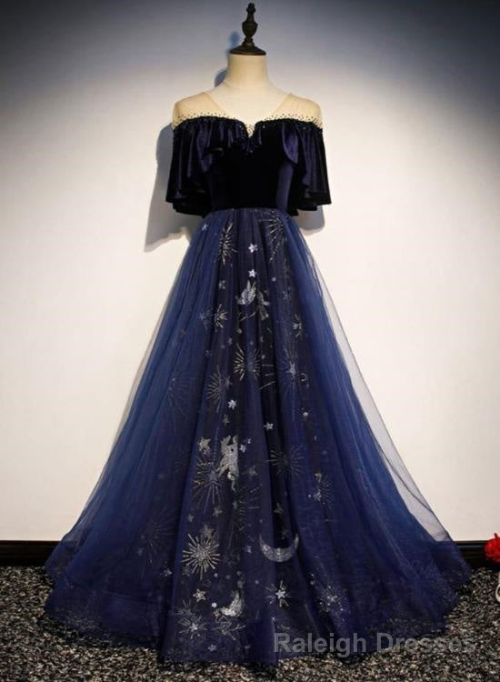 Blue Tulle With Velvet Long Party Dress, A Line Off Shoulder Formal Dress, Prom Dress