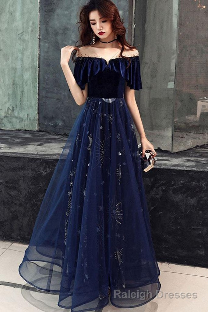 Blue Tulle With Velvet Long Party Dress, A Line Off Shoulder Formal Dress, Prom Dress Main image