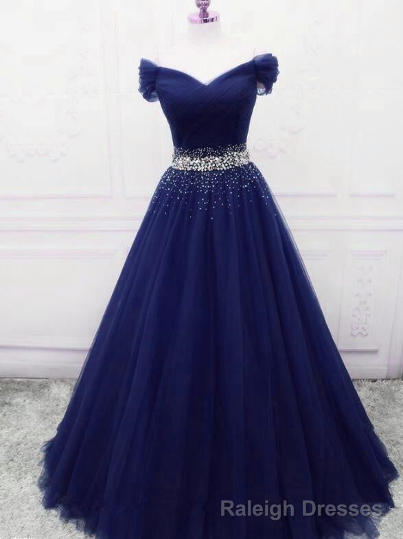 Dark Blue Beaded Tulle A Line Party Dress, Long Prom Dress Main image