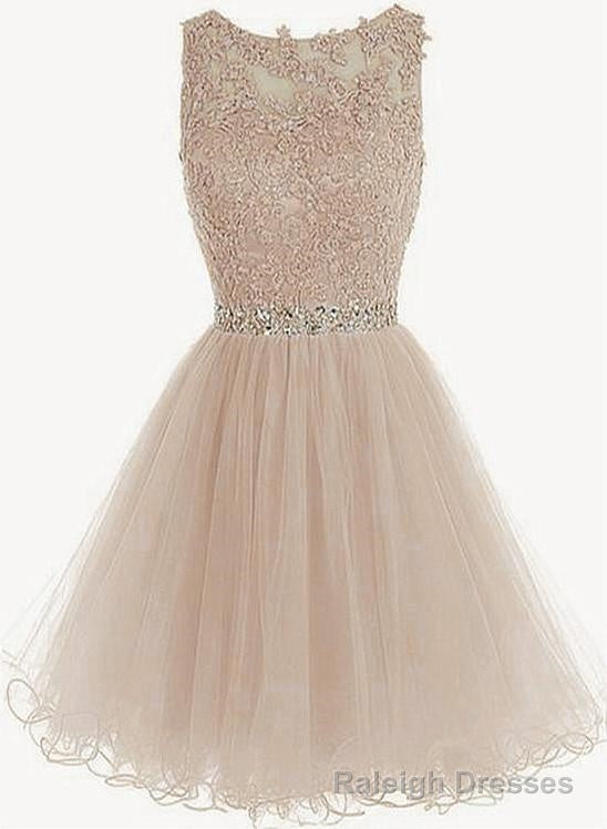 Charming Light Champagne Short Lace Beaded Prom Dress, Tulle Homecoming Dress, Formal Dress Main image