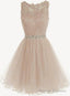 Charming Light Champagne Short Lace Beaded Prom Dress, Tulle Homecoming Dress, Formal Dress