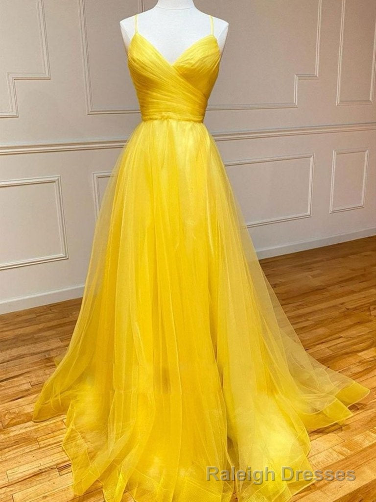 Simple V Neck Backless Yellow Tulle Long Prom Dresses, V Neck Yellow Long Formal Evening Dresses Main image