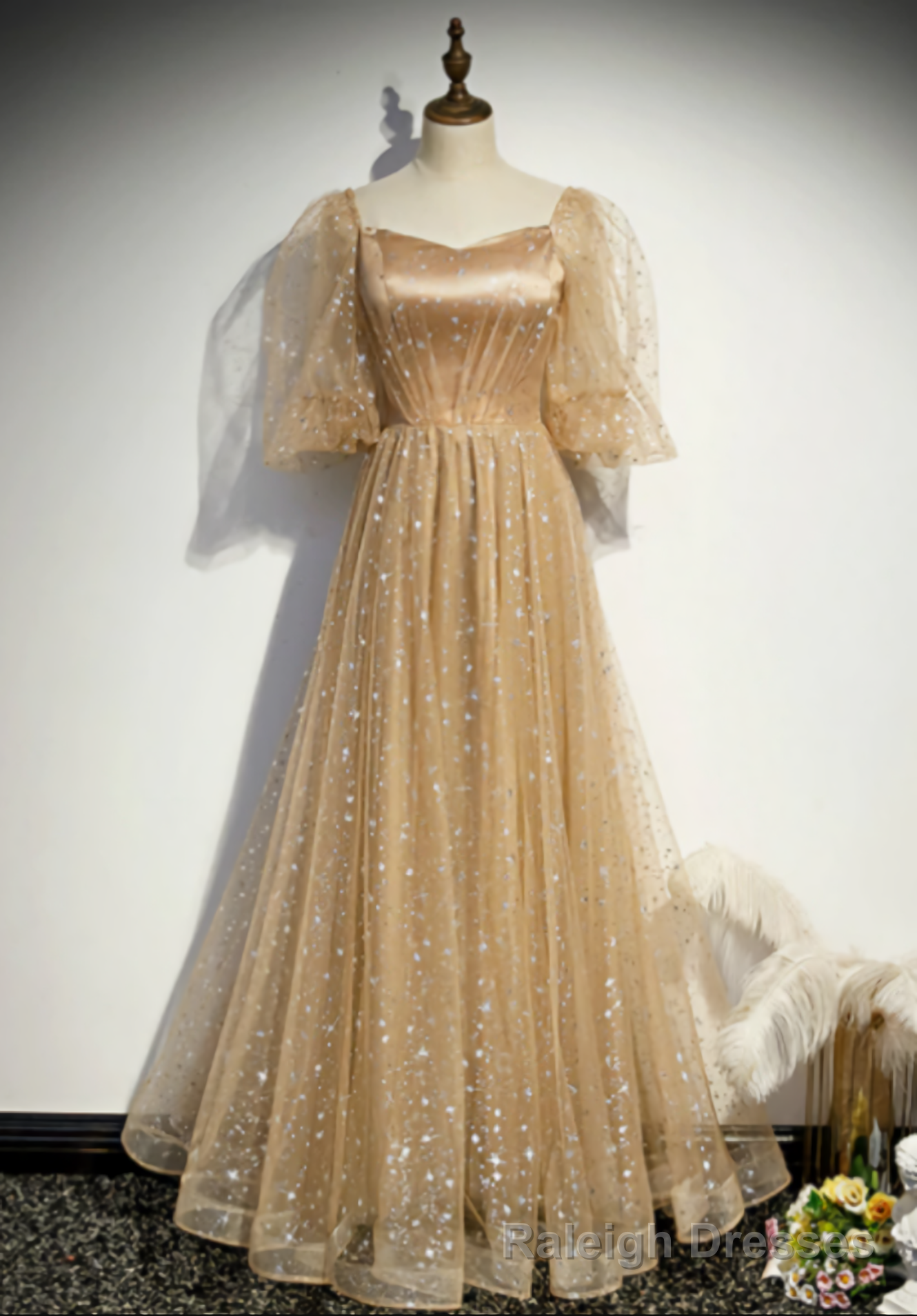 Tulle Embroidery Puff Sleeve Prom Dresses