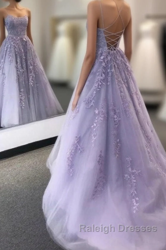 Lavender Backless Tulle Lace Long Prom Dresses