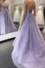 Lavender Backless Tulle Lace Long Prom Dresses