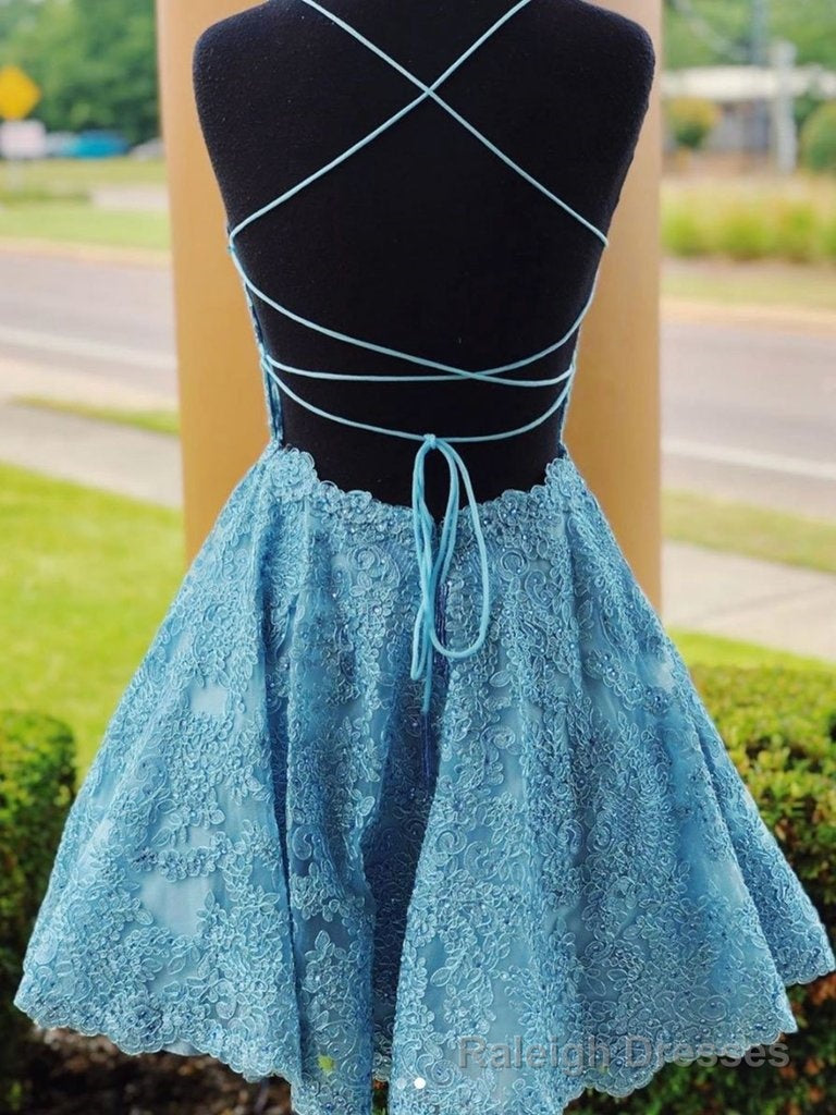 A Line Backless Lace Blue Short Prom Dresses, Homecoming Dresses, Backless Blue Lace Formal Graduation Prom Dresses Secondary image