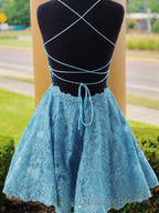 A Line Backless Lace Blue Short Prom Dresses, Homecoming Dresses, Backless Blue Lace Formal Graduation Prom Dresses