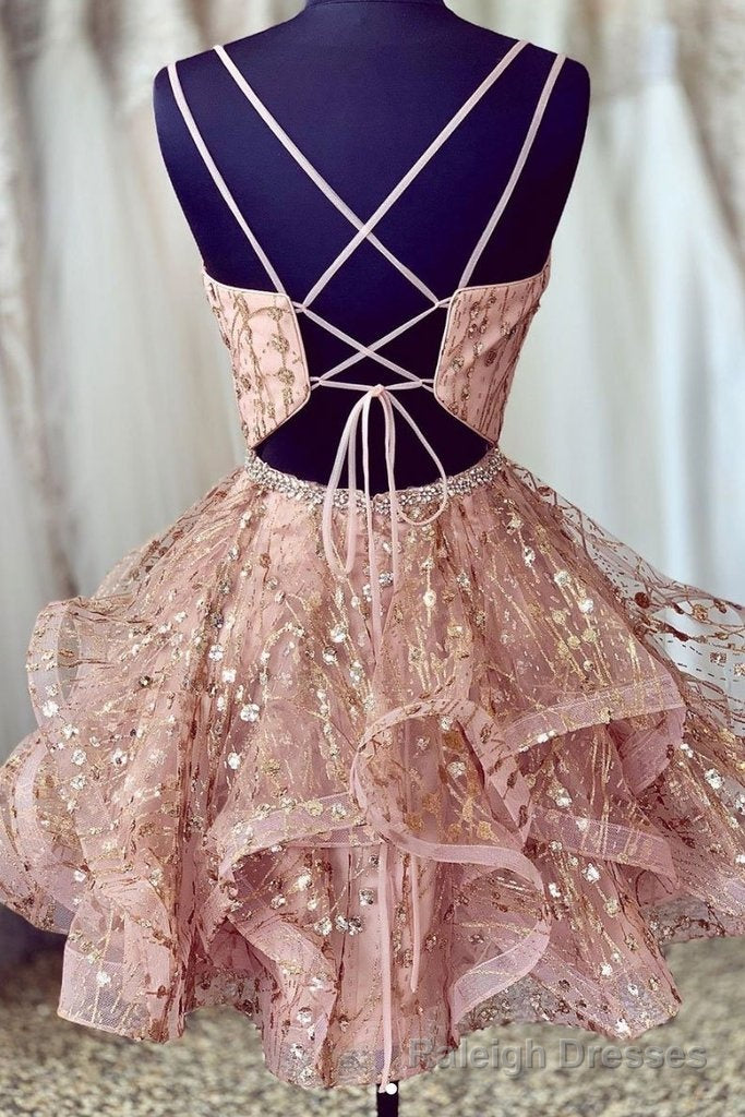 A Line V Neck Short Lace Prom Dresses, Cross Back Short Champagne Lace Formal Homecoming Dresses Secondary image