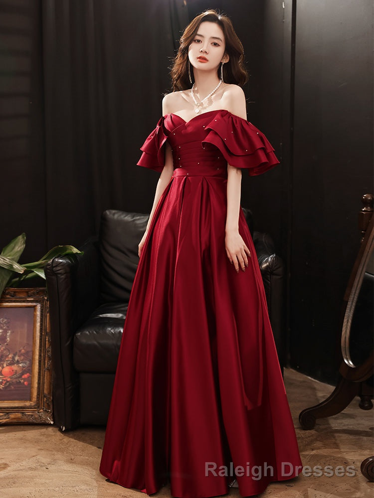 Dark Red Satin Style Off Shoulder Long Prom Dress, A-line Long Formal Dress Main image