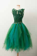 Unique V Neck Green Tulle Lace Short Prom Dress, Green Homecoming Dress