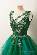 Unique V Neck Green Tulle Lace Short Prom Dress, Green Homecoming Dress